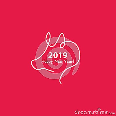Creative happy new year 2019 design with one line design silhouette of pig. Minimalistic style vector illustration. Flat Vector Illustration