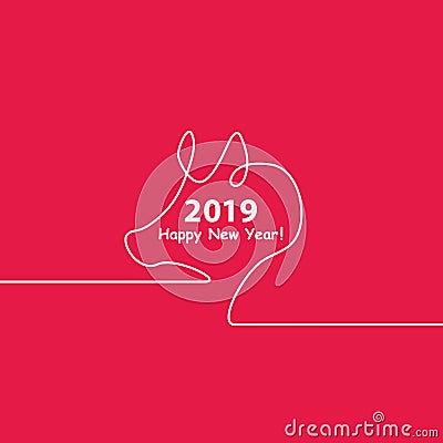 Creative happy new year 2019 design with one line design silhouette of pig. Minimalistic style vector illustration. Flat Vector Illustration