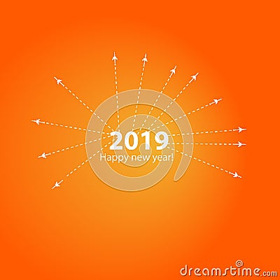 Creative happy new year 2019 design with Progress loading bar with airplane is in a dotted line. The flying apartment is Vector Illustration
