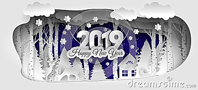 Creative happy new year 2019 design. Winter forest. Happy new year 2019 Vector Illustration