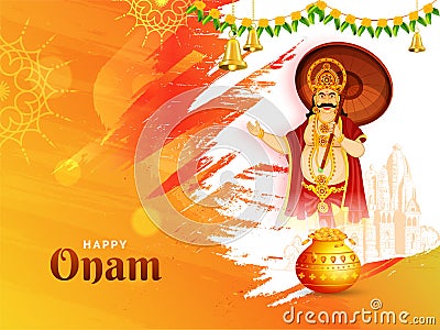 Creative Happy Onam Festival card or poster design, illustration of King Mahabali holding umbrella with coins pot. Cartoon Illustration