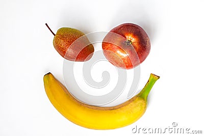 Creative healthy breakfast concept on a white background flat lay. Fresh banana, apple, pear fruits with natural shadow Stock Photo