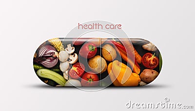 Creative and healthy vitamin pill with fruits and vegetables Stock Photo