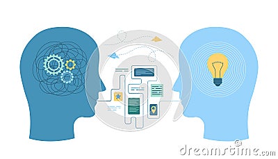 Creative help in difficult problem, understanding, heads with connection of messages Vector Illustration