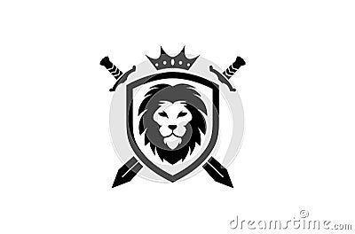 Creative Heraldic Black Lion Head Crown King Swords Shield Logo Design Symbol Vector Illustration Vector Illustration