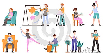 Creative hobbies, male and female characters, artist, musician and potter. Handicraft and creative arts occupations Vector Illustration