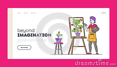 Creative Hobby, Drawing Art Class, Workshop Landing Page Template. Artist Female Character with Paints and Brush in Hand Vector Illustration