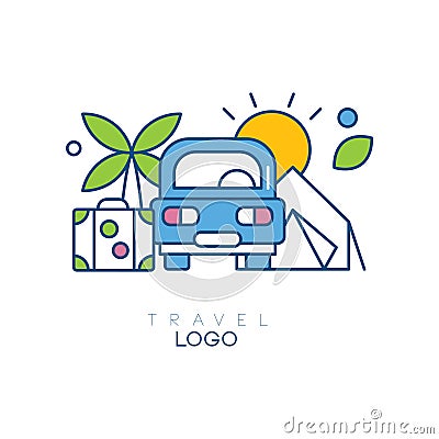 Creative hobby logo template for travel blog. Emblem with car, palm tree, sun and suitcase. Linear icon with blue, green Vector Illustration