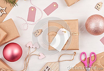Creative hobby mockup. DIY Christmas handmade greeting cards, de Stock Photo