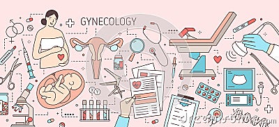 Creative horizontal banner with pregnant woman, baby in womb, uterus, gynecological examination chair and tools. Female Vector Illustration