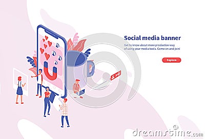 Creative horizontal web banner template with tiny people and giant smartphone. Social media and network tools for Vector Illustration