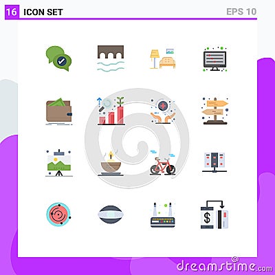 16 Creative Icons Modern Signs and Symbols of cash, sound waves, river, mixer, gallery Stock Photo