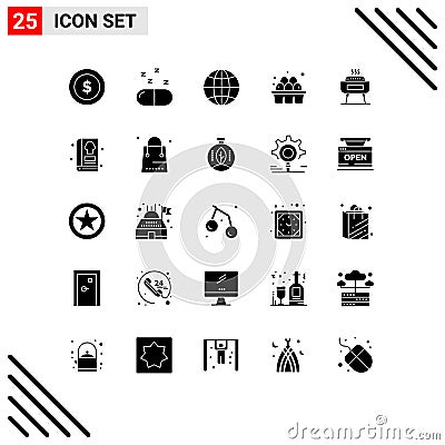 25 Creative Icons Modern Signs and Symbols of festivity, barbeque, globe, supermarket, eggs Vector Illustration