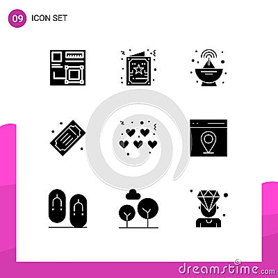 9 Creative Icons Modern Signs and Symbols of hearts, theater tickets, xmas, movie tickets, cinema tickets Vector Illustration