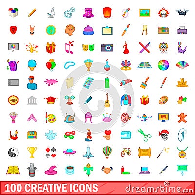 100 creative icons set, cartoon style Vector Illustration