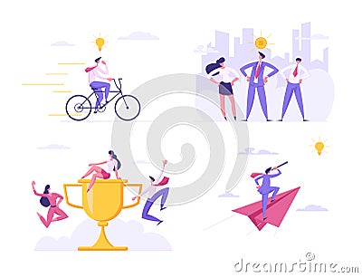 Creative Idea, Business Team, Winner Celebration, Success, Champion Leadership, Goal Achievement. Man Leader Vector Illustration