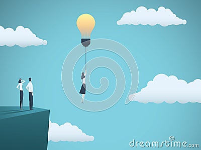 Creative idea in business vector concept with businesswoman flying off with ligthbulb. Symbol of creativity, inspiration Vector Illustration