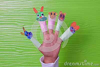 Creative idea of children playing paper paint animals face lovely and cute Stock Photo