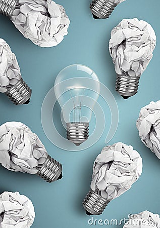 Creative idea concept, bulb with lot of crumpled paper bulbs Stock Photo