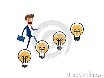 Creative idea concept. Businessman in suit holding briefcase walking on stairs made of light bulb idea Vector Illustration