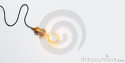 Creative idea concept, designer lamp, modern interior item. Vintage fashionable edison lamp on light gray background Stock Photo