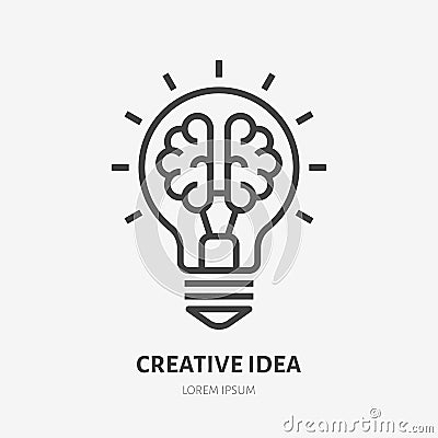 Creative idea flat line icon. Brain in lightbulb vector illustration. Thin sign of innovation, solution, education logo Vector Illustration