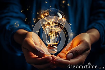 Creative idea generation with electric light bulb in hand on abstract infographics background Stock Photo