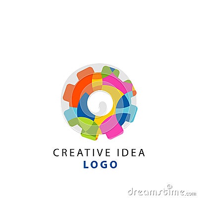 Creative idea geometric logo template with abstract colorful gear. Thinking cogwheel mechanism concept. Vector isolated Vector Illustration