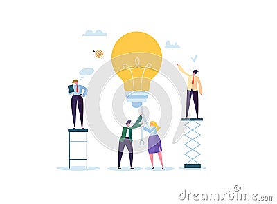 Creative Idea, Imagination, Innovation Concept with Light Bulb. Business People Characters Working Together on Project Vector Illustration