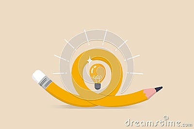 Creative idea, imagination, writing skill or learning and education concept, bending pencil with bright lightbulb idea Vector Illustration