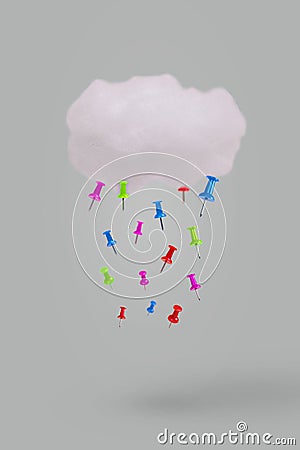 Creative idea made with cloud and push pins as rain isolated against gray background Stock Photo