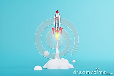 creative idea, a rocket takes off on a blue background, cover, picture for a hat. 3D illustration, 3D render Cartoon Illustration