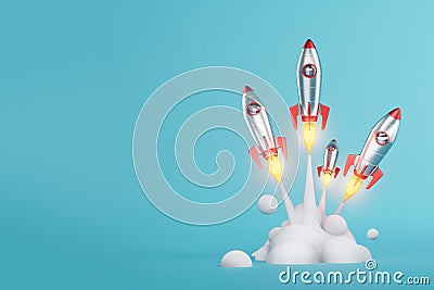 creative idea, a rocket takes off on a blue background, cover, picture for a hat. 3D illustration, 3D render Cartoon Illustration