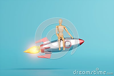 creative idea, a rocket takes off on a blue background, cover, picture for a hat. 3D illustration, 3D render Cartoon Illustration