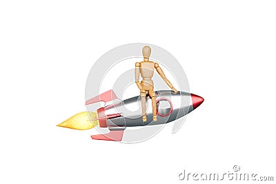 creative idea, a rocket takes off on a blue background, cover, picture for a hat. 3D illustration, 3D render Cartoon Illustration