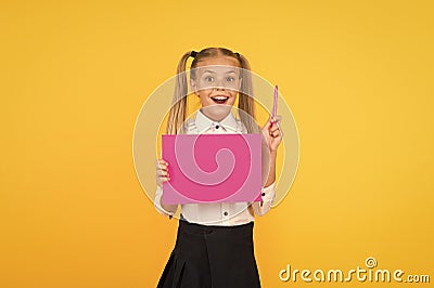 Creative idea. School girl show poster. Presentation poster copy space. Child presenting own project. Explain main point Stock Photo