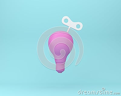 Creative idea wind up key with Light bulb on pastel blue background. minimal business ideas concept Stock Photo