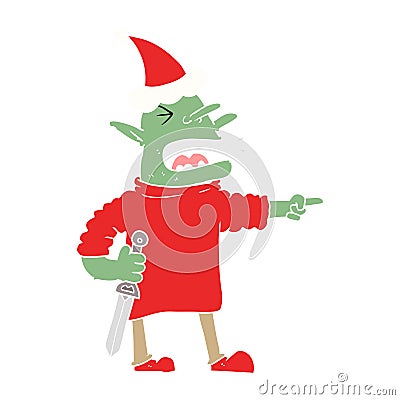 flat color illustration of a goblin with knife wearing santa hat Vector Illustration