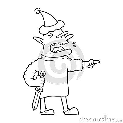 line drawing of a goblin with knife wearing santa hat Vector Illustration
