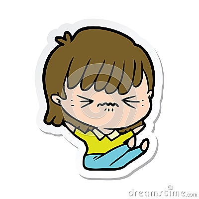 sticker of a annoyed cartoon girl falling over Vector Illustration