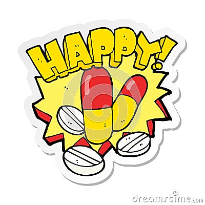 sticker of a cartoon happy pills Vector Illustration