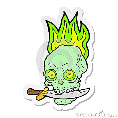 sticker of a cartoon pirate skull with knife in teeth Vector Illustration