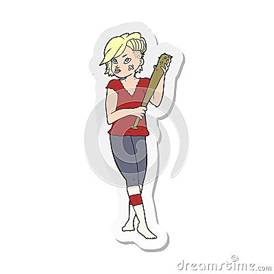 sticker of a cartoon pretty punk girl with baseball bat Vector Illustration