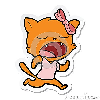 sticker of a cartoon yawning cat Vector Illustration