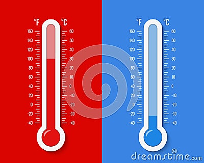 Creative illustration of celsius, fahrenheit meteorology thermometers scale isolated on background. Heat, hot, cold signs. Cartoon Illustration