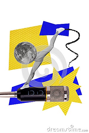 Creative illustration collage planet moon instead of body sportive lady famous star singing karaoke in microphone Cartoon Illustration