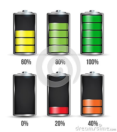 Creative illustration of 3d different charging status battery load isolated on background. Discharged power sources. Art design. Cartoon Illustration