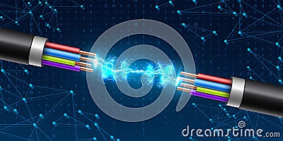 Creative illustration of electric glowing lightning between colored break cable, copper wires with circuit sparks isolated on Cartoon Illustration