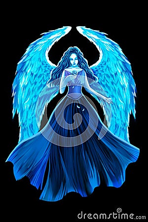 Creative Illustration and Innovative Art: Blue Angel and Rose. Stock Photo