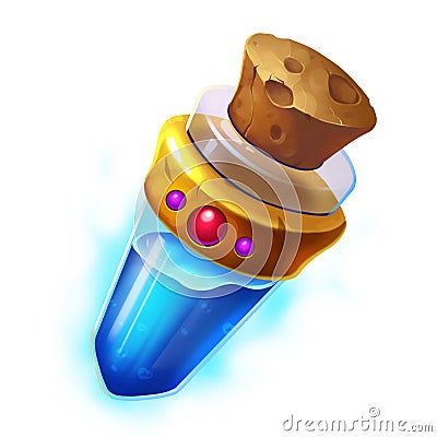 Creative Illustration and Innovative Art: Blue Magic Potion Bottle. Stock Photo